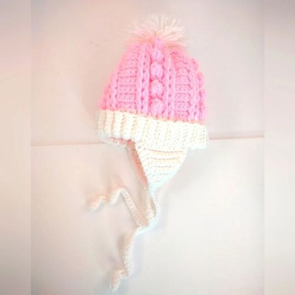 Handmade Pink and white Baby Winter Hat Pom Pom Crochet Ear flaps with ties - Picture 4 of 13